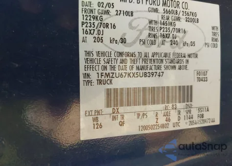 2005 Ford Explorer Sport Trac Adrenalin/Xls/Xlt from USA, damaged, VIN 1FMZU67KX5UB39747